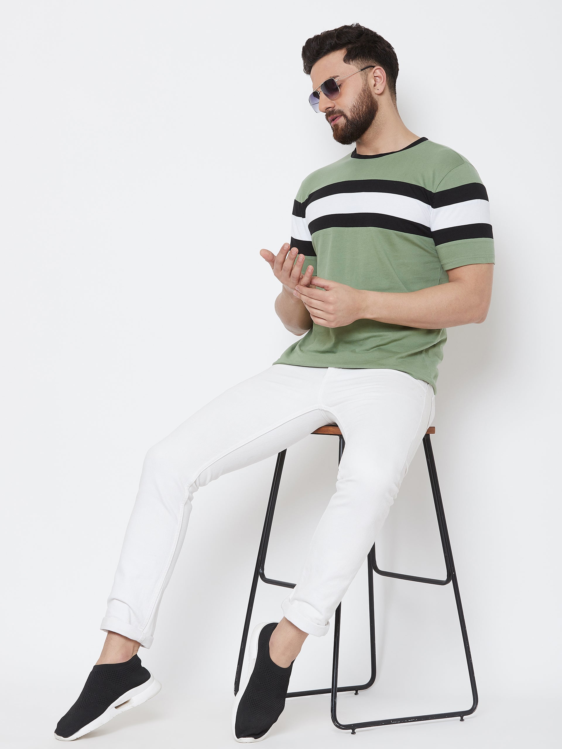 Moss Green/Black/White Half Sleeve Round Neck T-Shirt