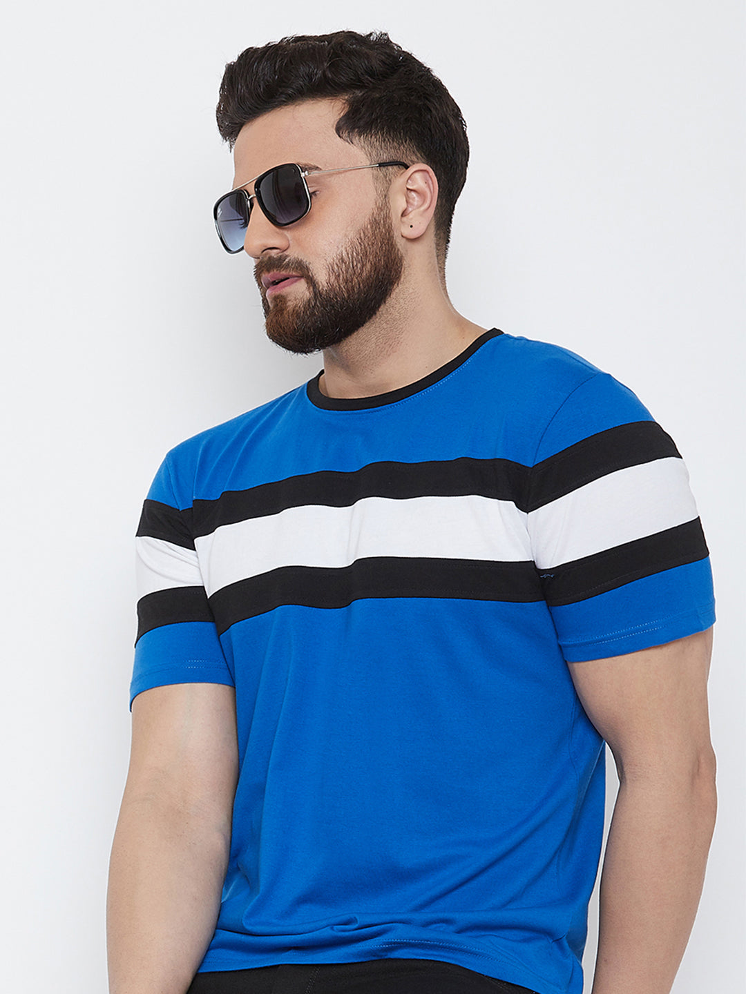 Blue/Black/White Half Sleeve Round Neck T-Shirt