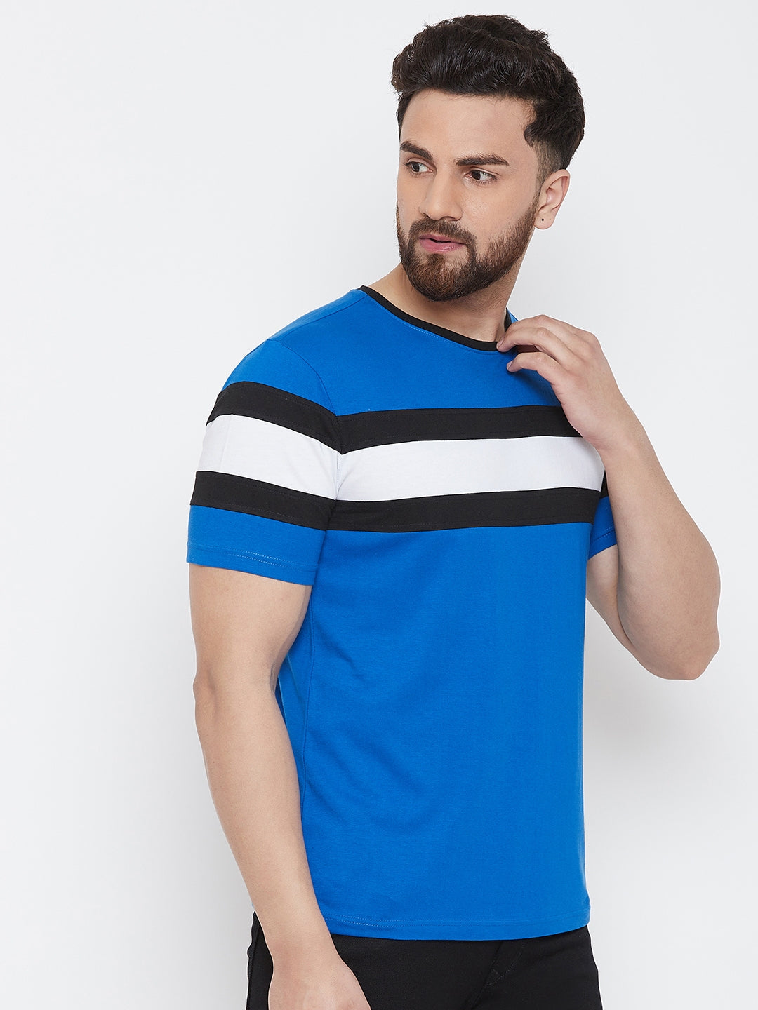Blue/Black/White Half Sleeve Round Neck T-Shirt