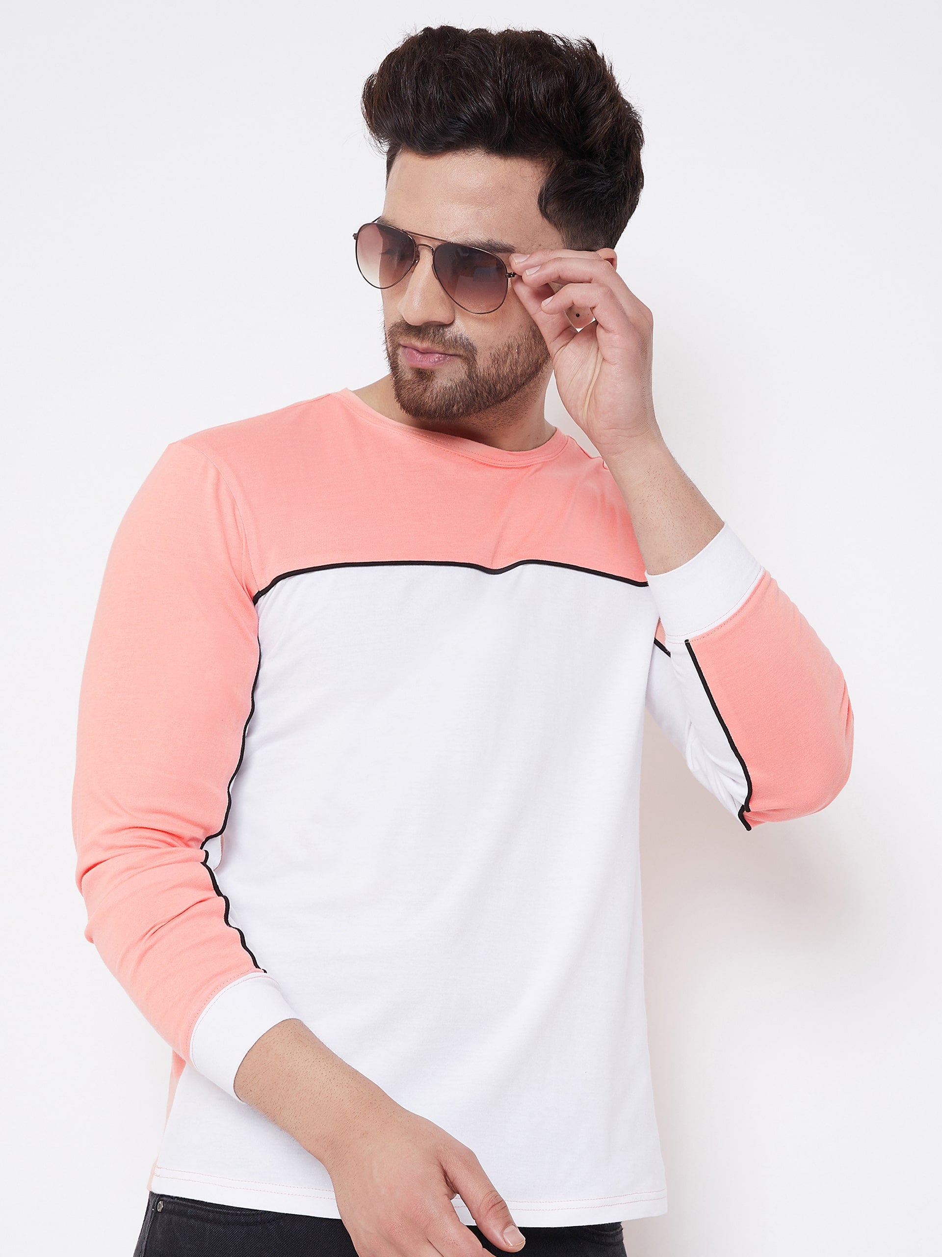 Coral/Black/White Color Block Men's Full Sleeves Round Neck T-Shirt