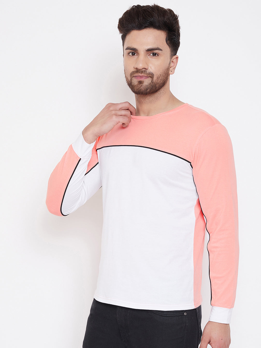 Coral/Black/White Color Block Men's Full Sleeves Round Neck T-Shirt