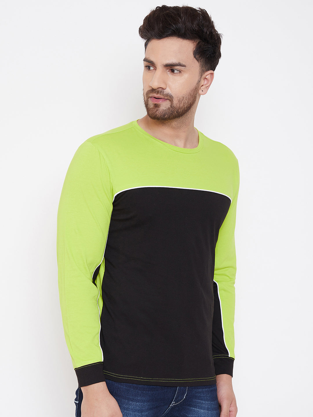 Neon Green/White/Black Color Block Men's Full Sleeves Round Neck T-Shirt