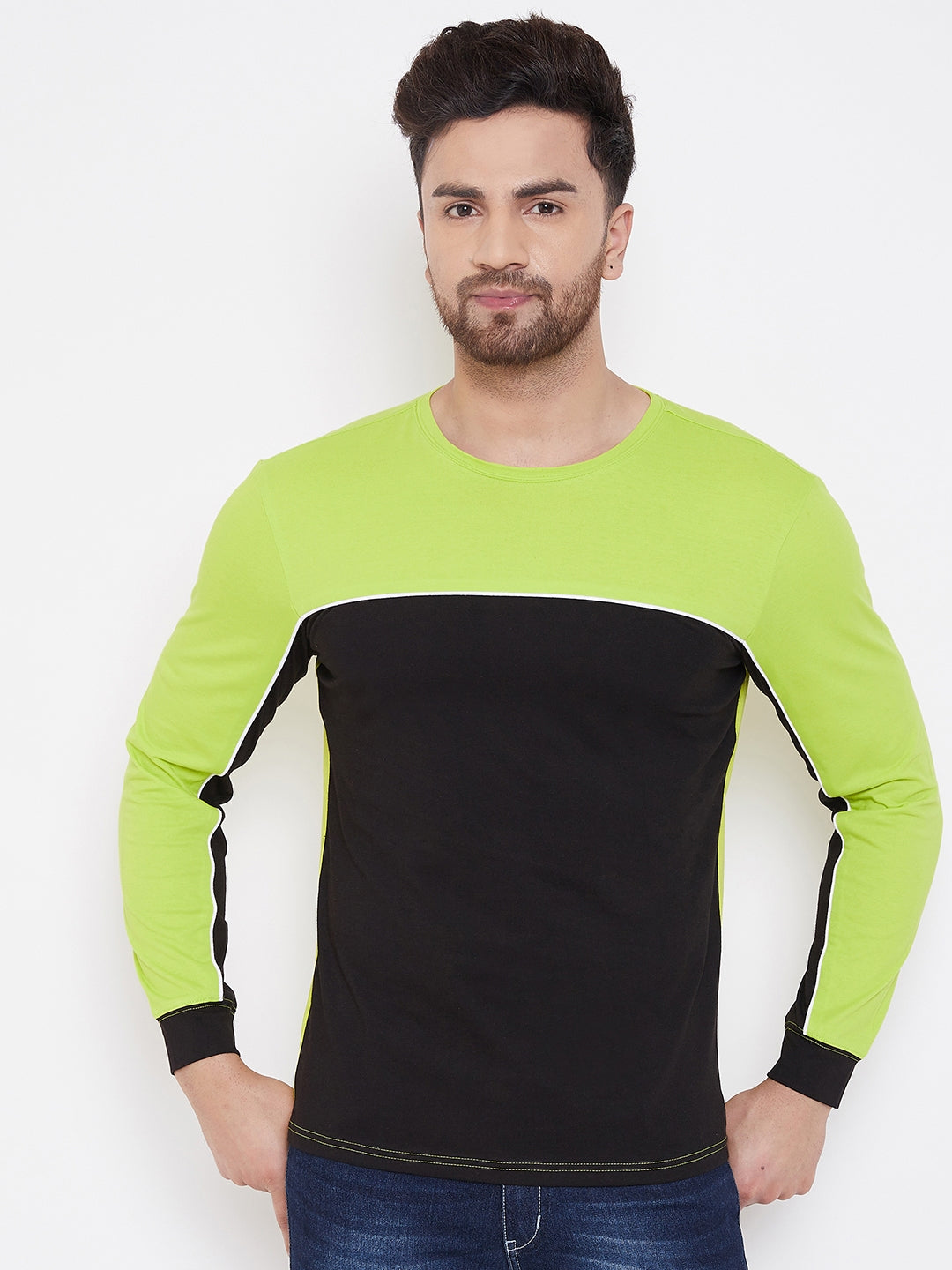Neon Green/White/Black Color Block Men's Full Sleeves Round Neck T-Shirt