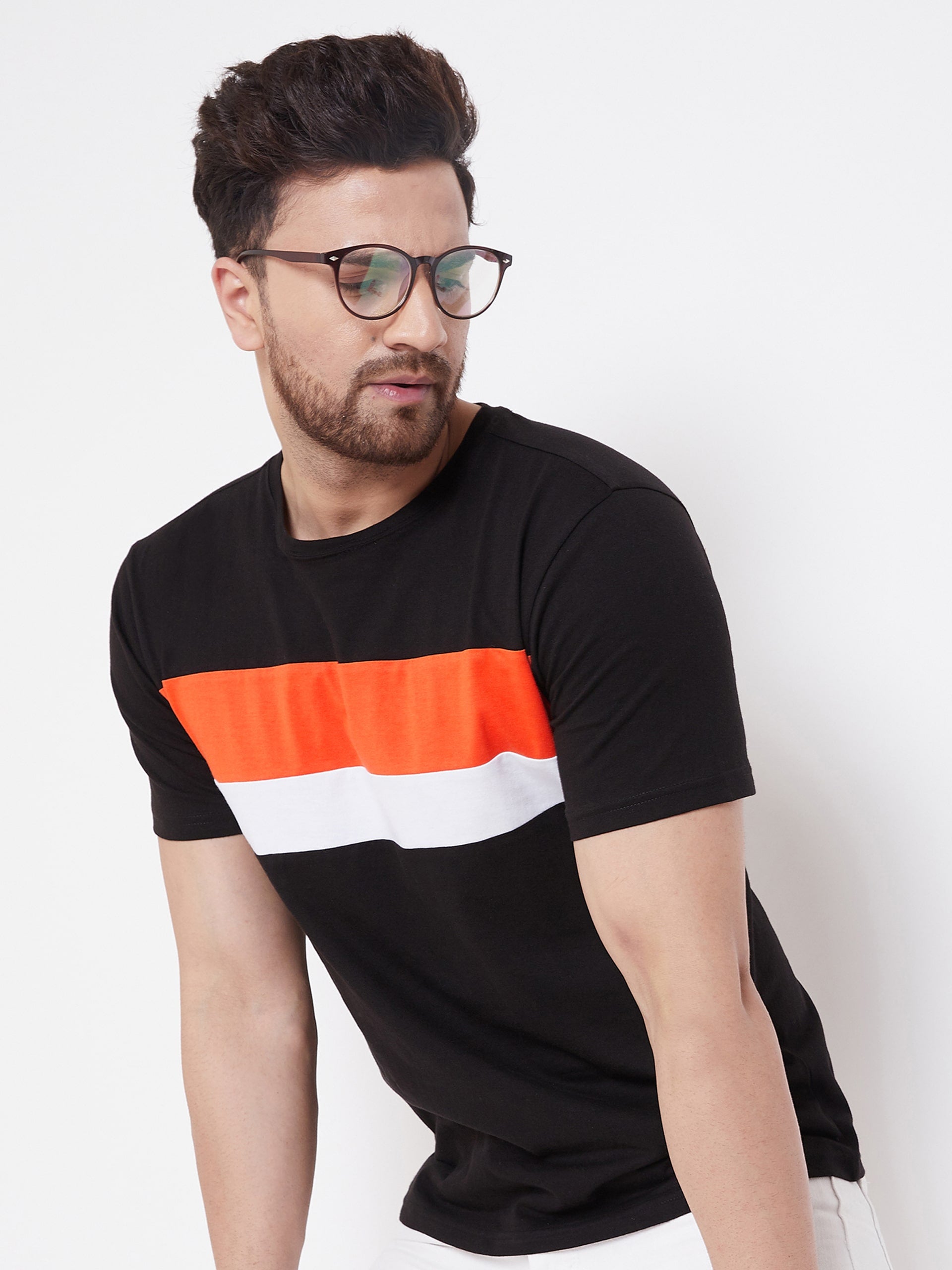 Black/Orange/White Color Block Men's Full Sleeve Round Neck T-Shirt