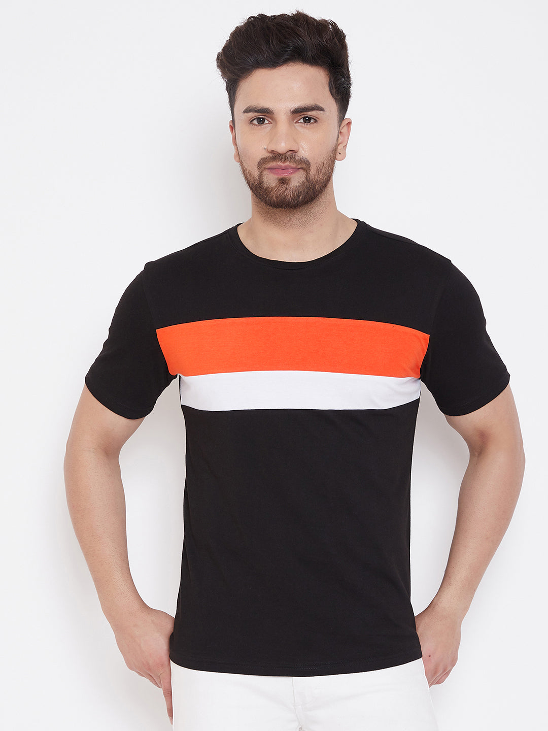Black/Orange/White Color Block Men's Full Sleeve Round Neck T-Shirt