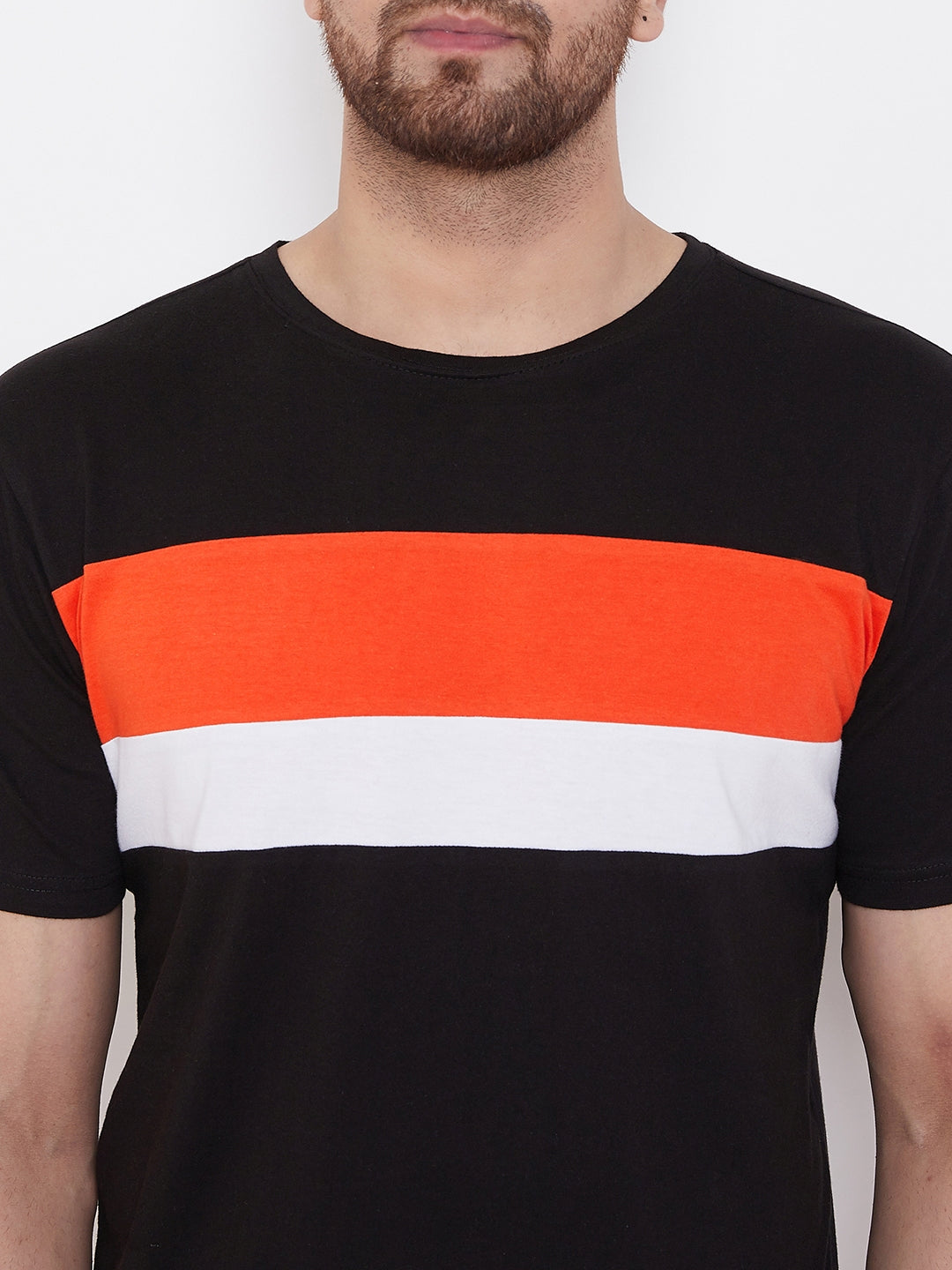Black/Orange/White Color Block Men's Full Sleeve Round Neck T-Shirt
