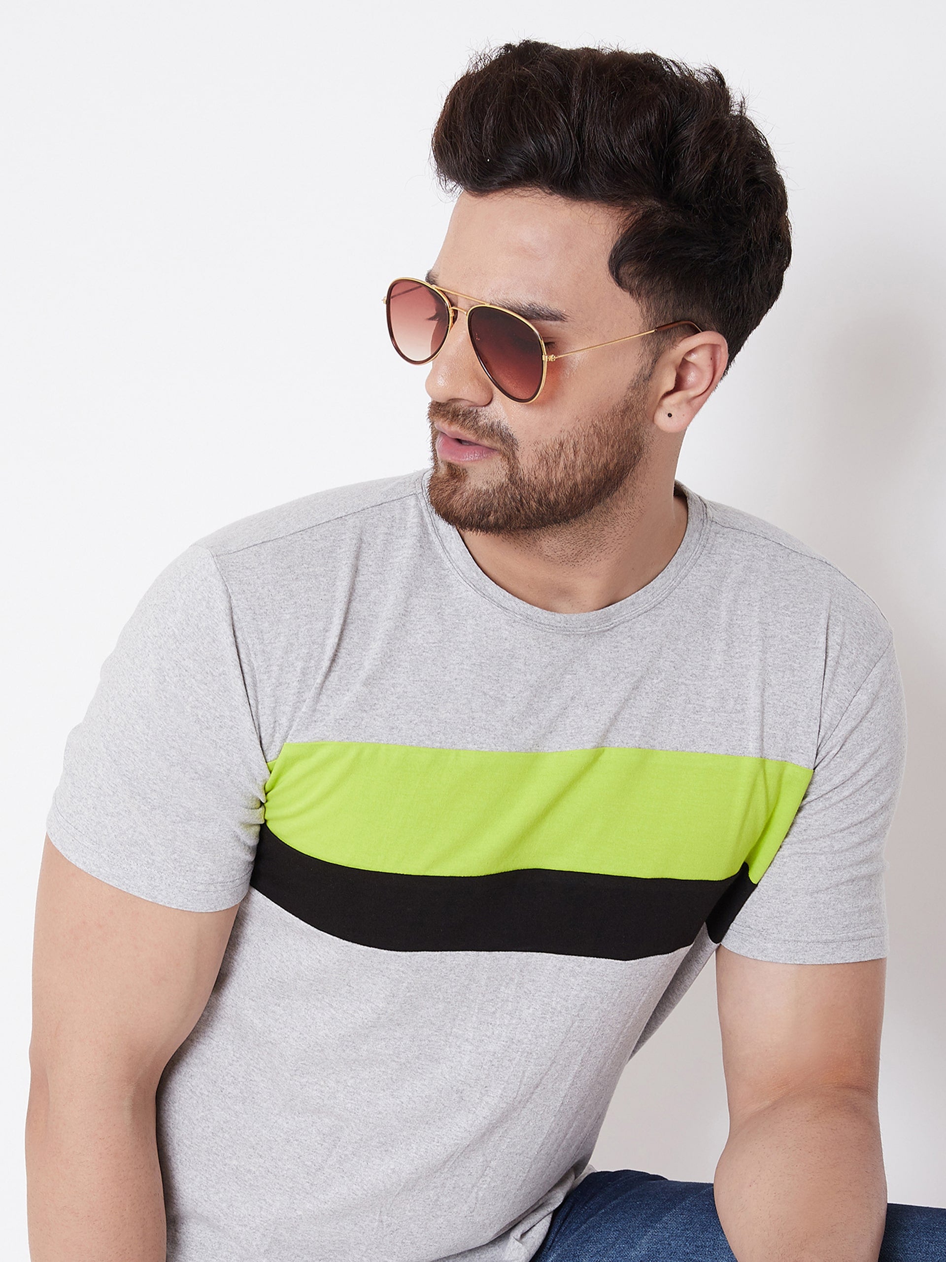 Grey Melange/Neon Green/Black Color Block Men's Full Sleeve Round Neck T-Shirt