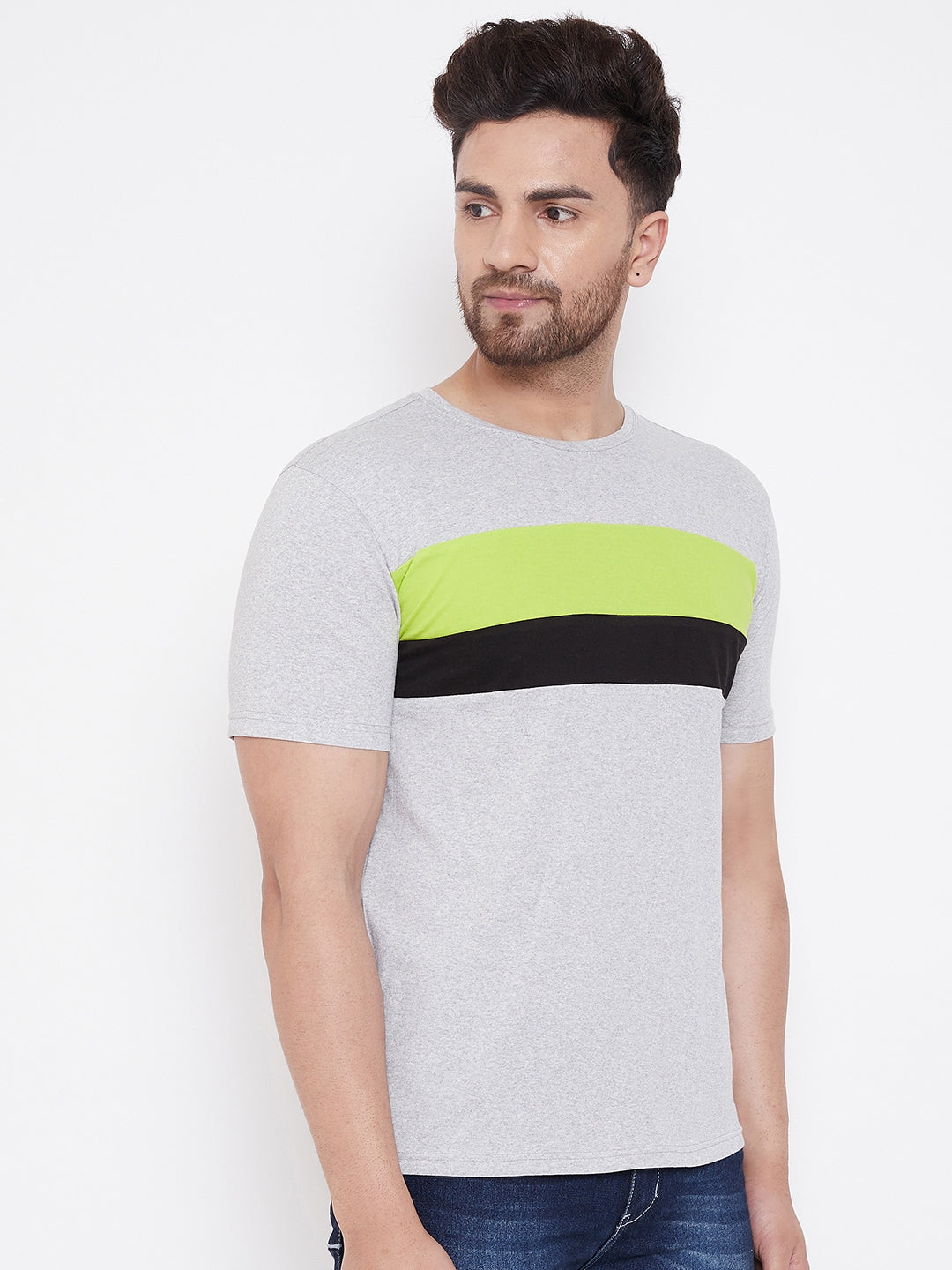 Grey Melange/Neon Green/Black Color Block Men's Full Sleeve Round Neck T-Shirt