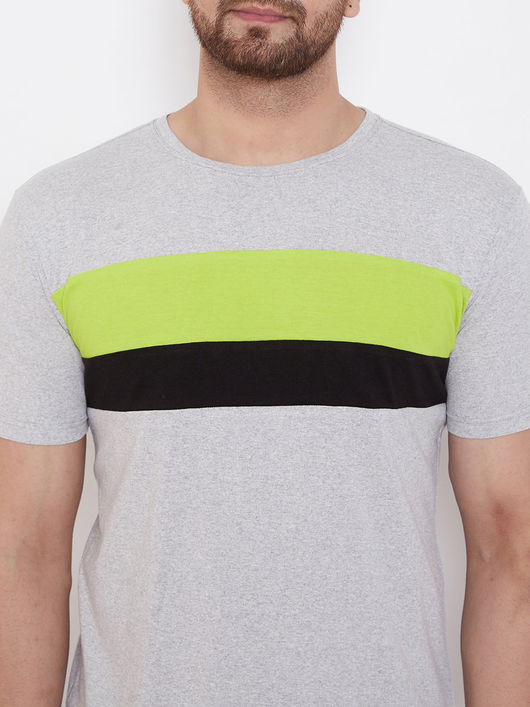 Grey Melange/Neon Green/Black Color Block Men's Full Sleeve Round Neck T-Shirt