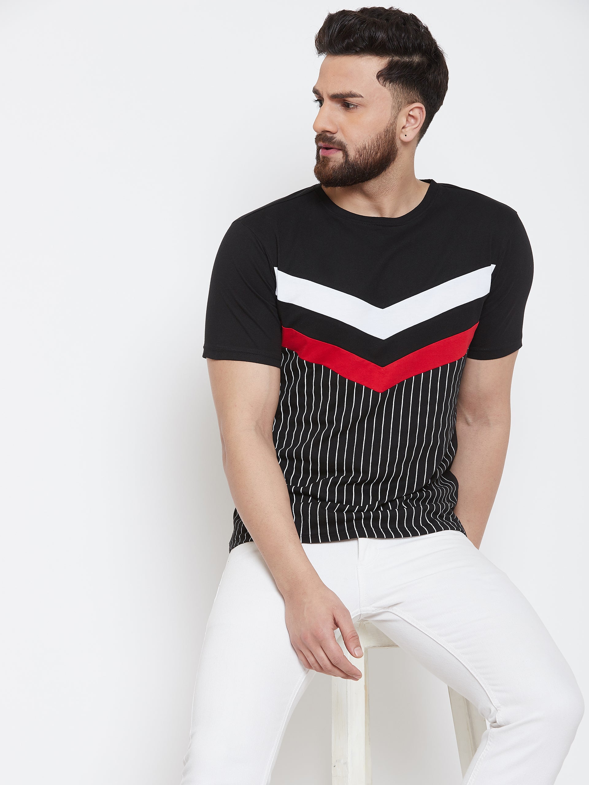 Black/White/Red Half Sleeve Round Neck Striper T-Shirt