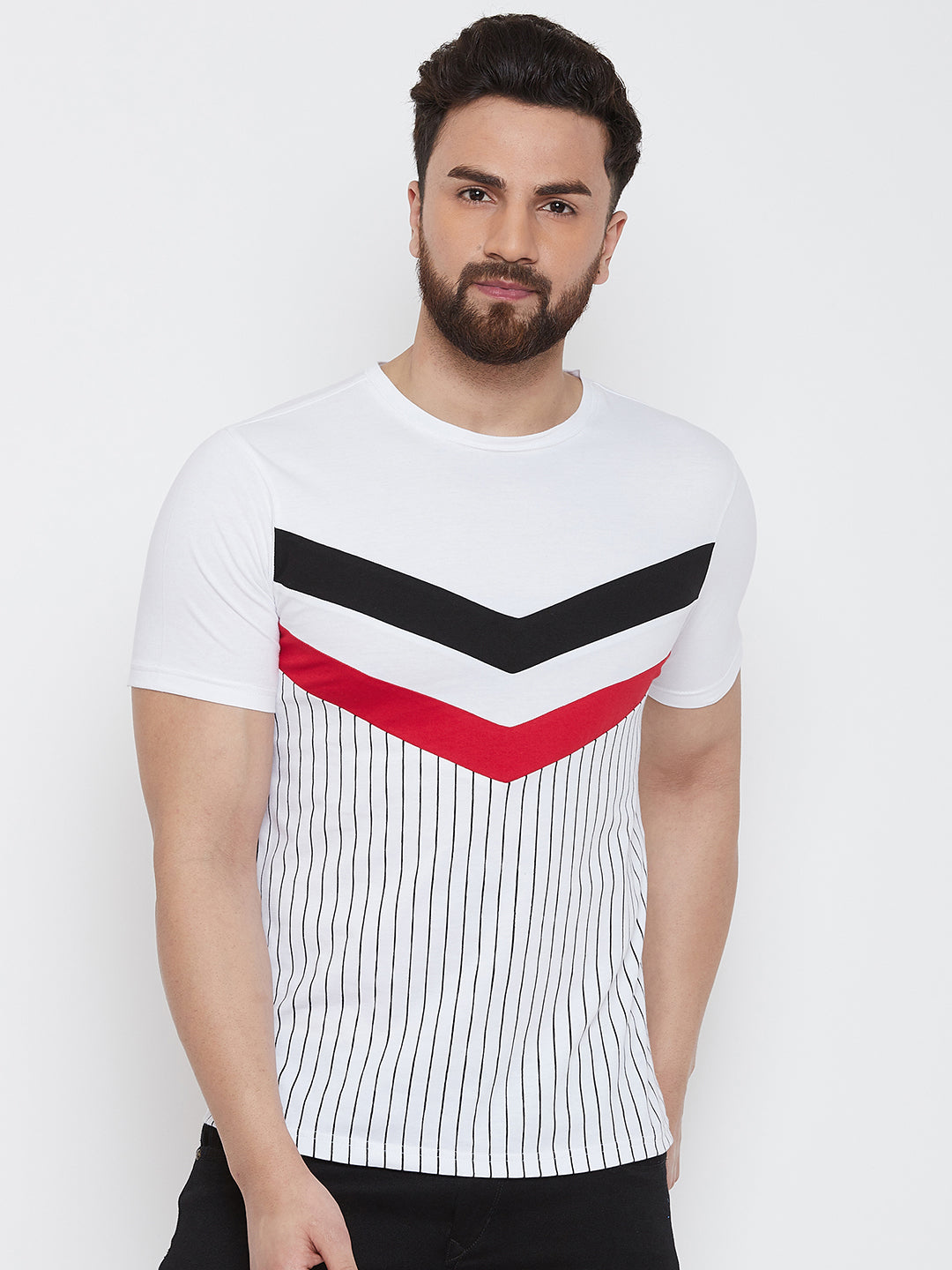 White/Red Half Sleeve Round Neck Striper T-Shirt