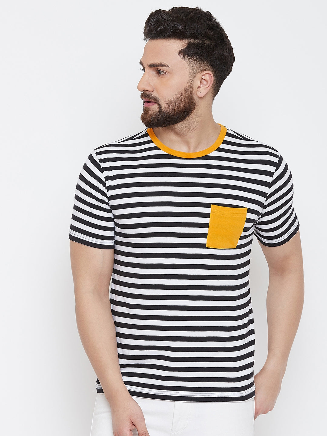 Black/White Half Sleeve Round Neck Striper T-Shirt