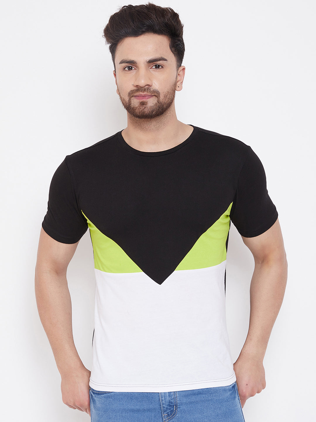 Black/Neon Green/White Color Block Men's Full Sleeve Round Neck T-Shirt