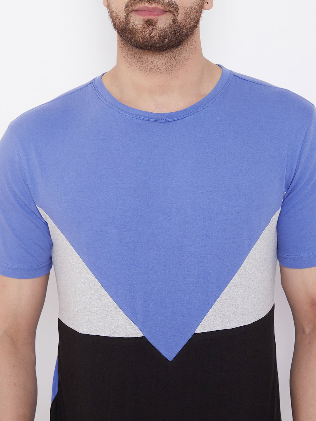 Blue/Grey Melange/Black Color Block Men's Full Sleeve Round Neck T-Shirt