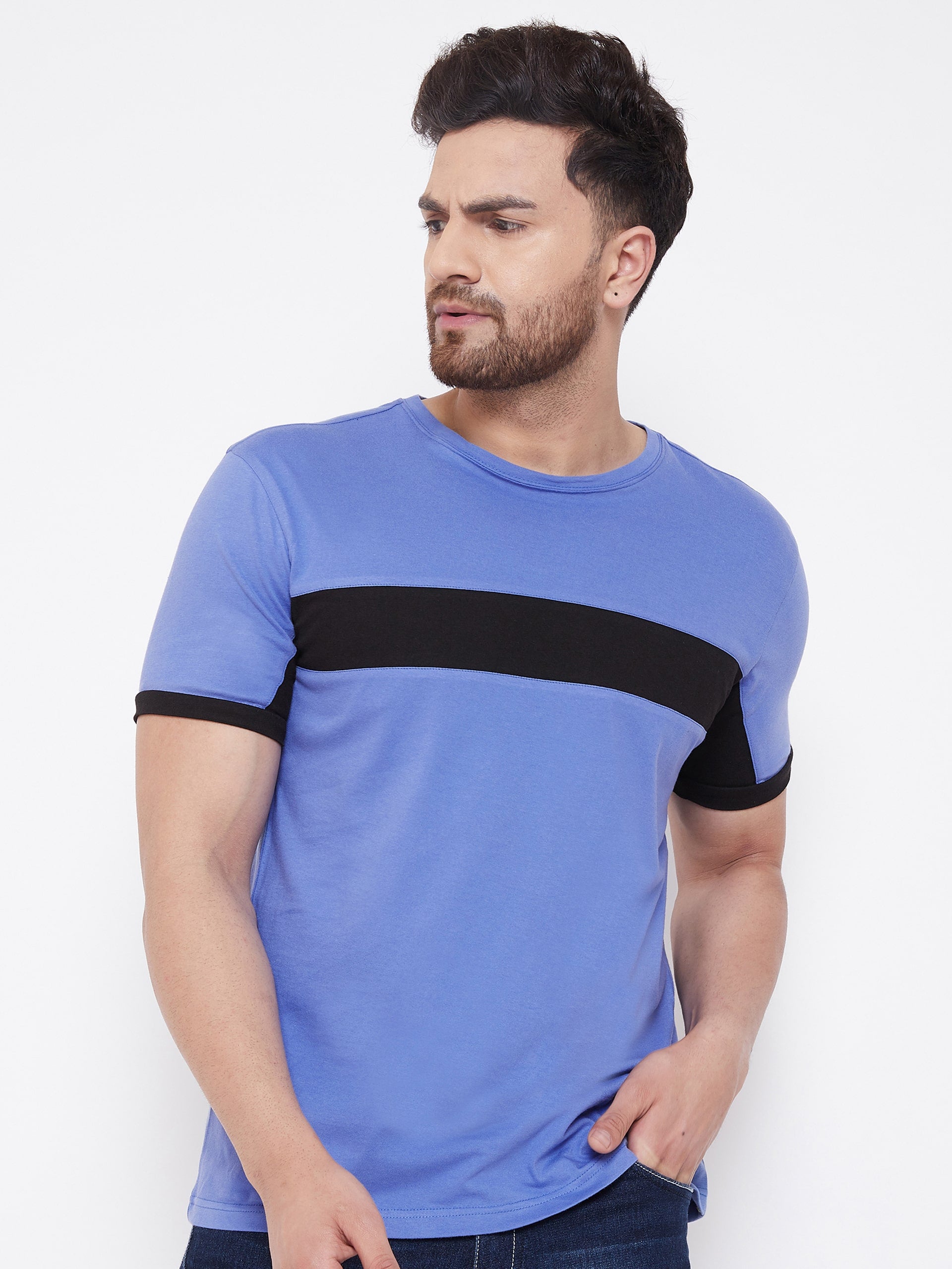 Blue/Black Color Block Men's Full Sleeve Round Neck T-Shirt