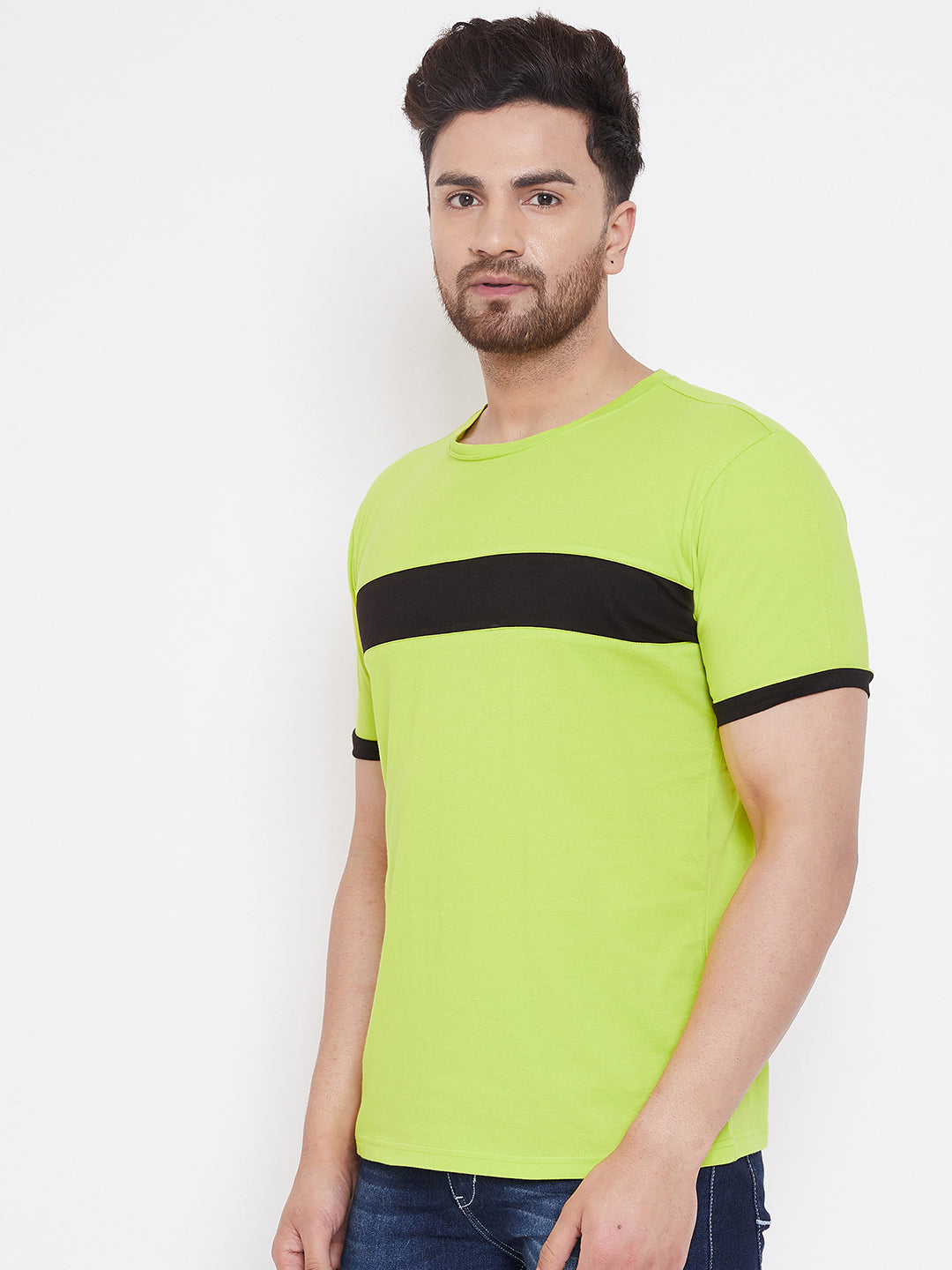 Neon Green/Black Color Block Men's Full Sleeve Round Neck T-Shirt
