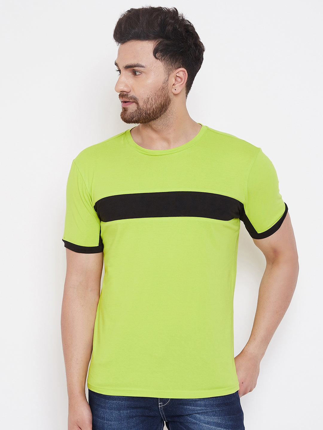 Neon Green/Black Color Block Men's Full Sleeve Round Neck T-Shirt