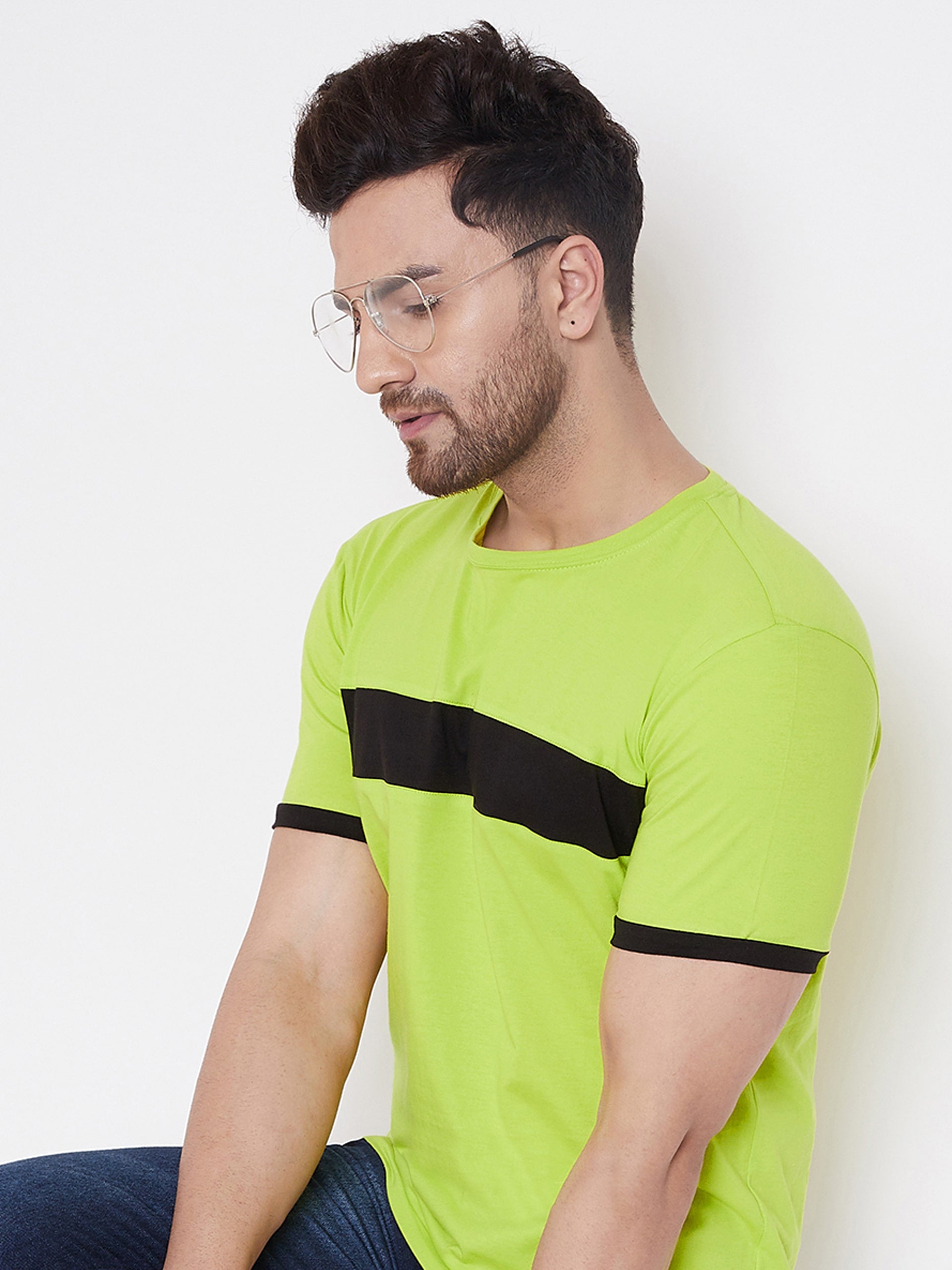 Neon Green/Black Color Block Men's Full Sleeve Round Neck T-Shirt