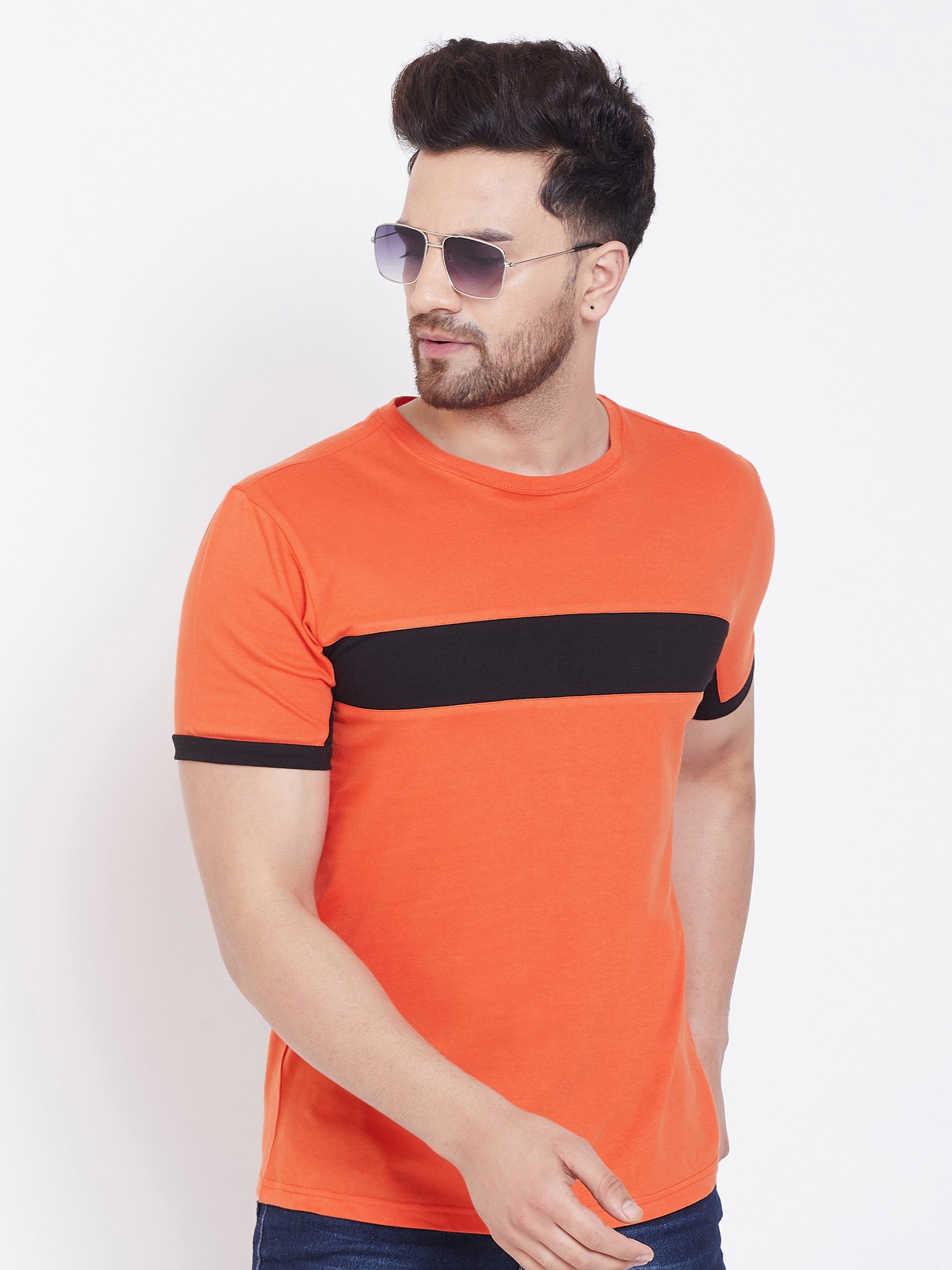 Orange/Black Color Block Men's Full Sleeve Round Neck T-Shirt