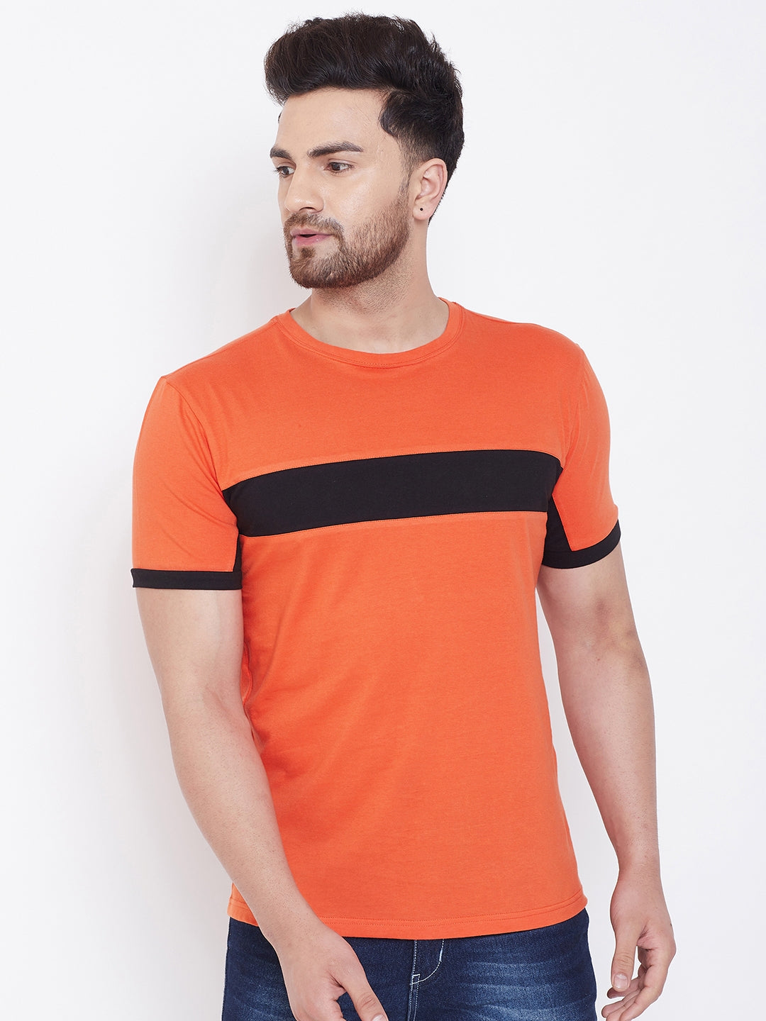 Orange/Black Color Block Men's Full Sleeve Round Neck T-Shirt