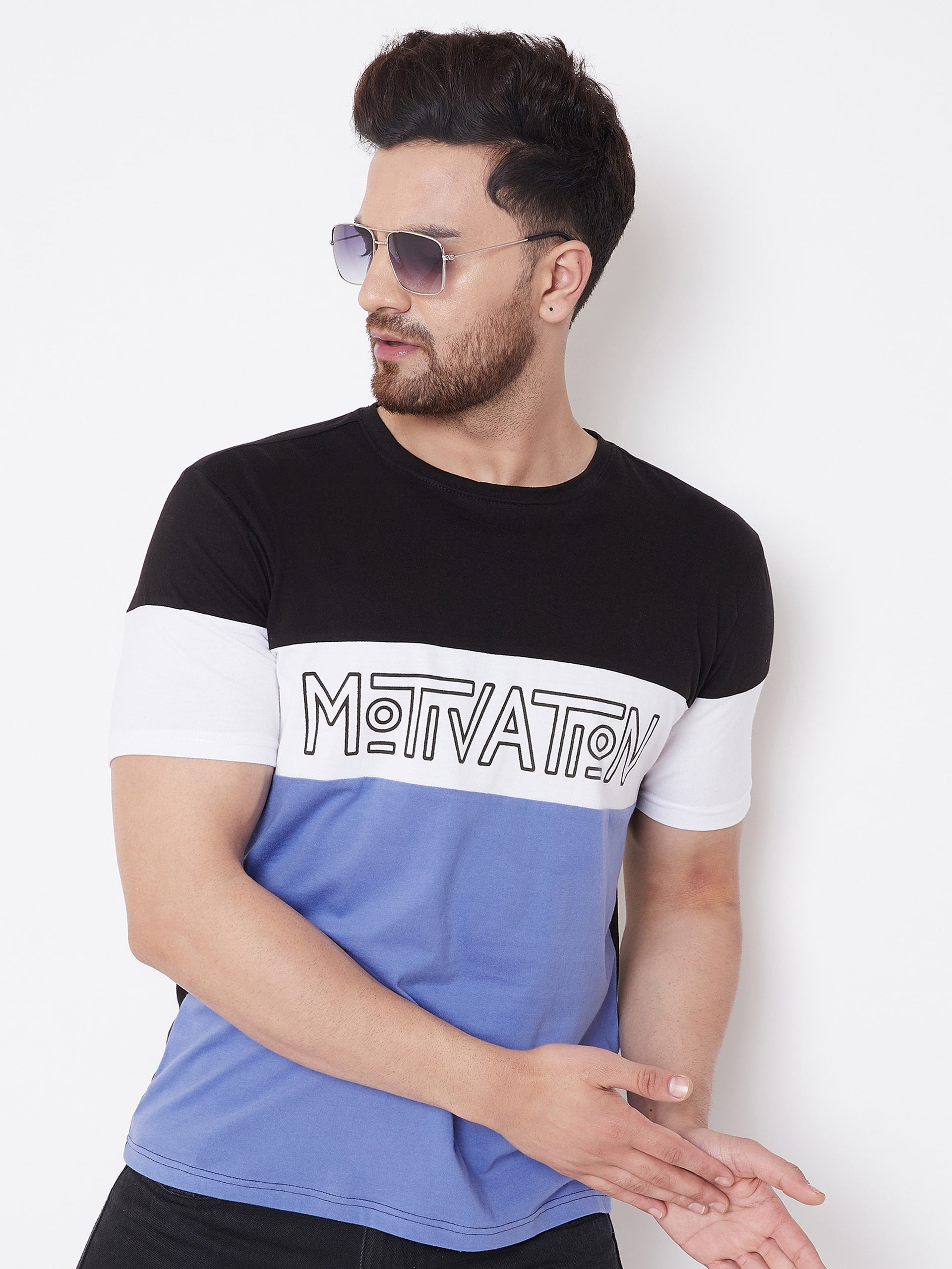Black/White/Blue Printed Men's Half Sleeves Round Neck T-Shirt
