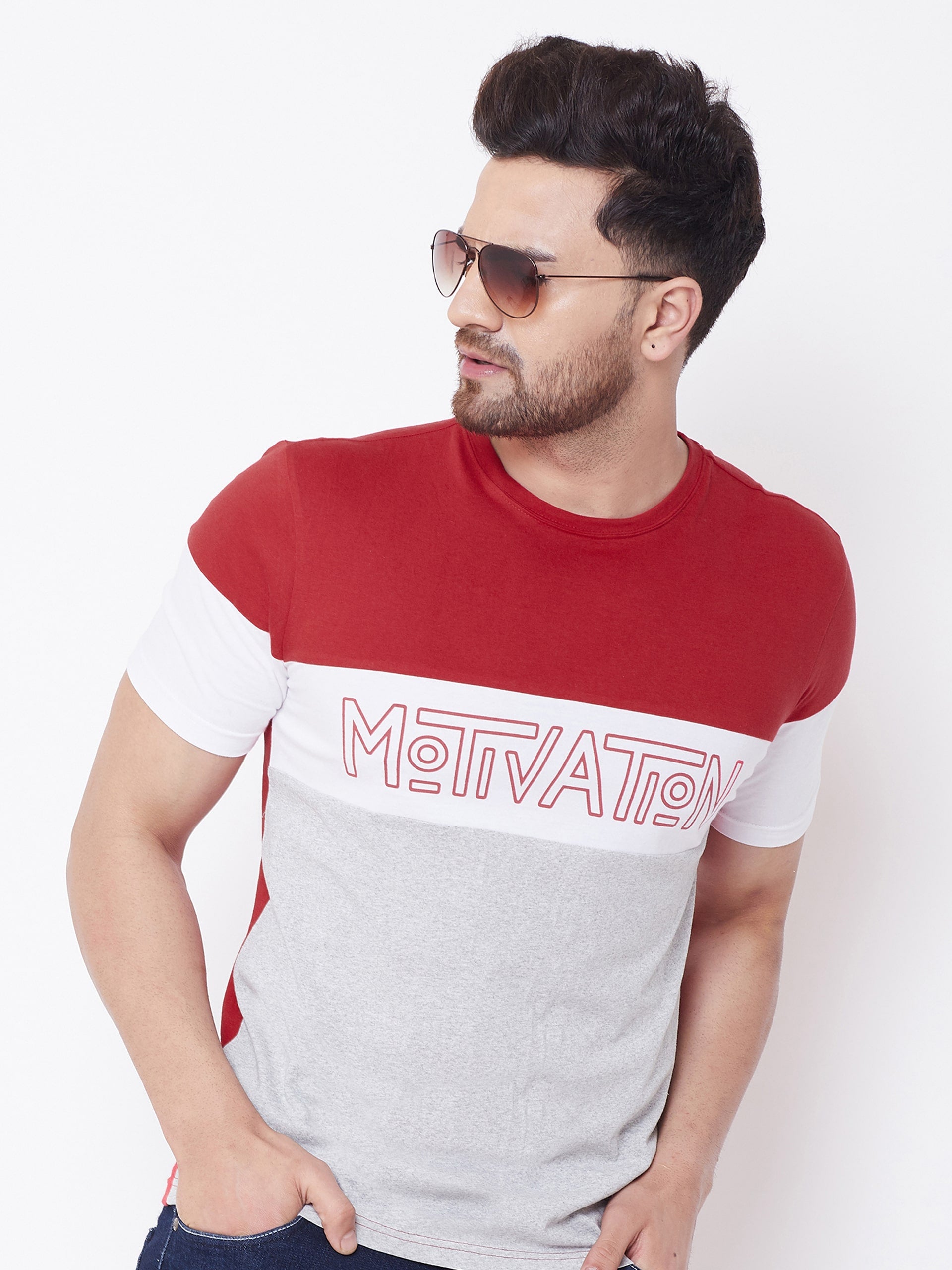 Red/White/Grey Melange Printed Men's Half Sleeves Round Neck T-Shirt