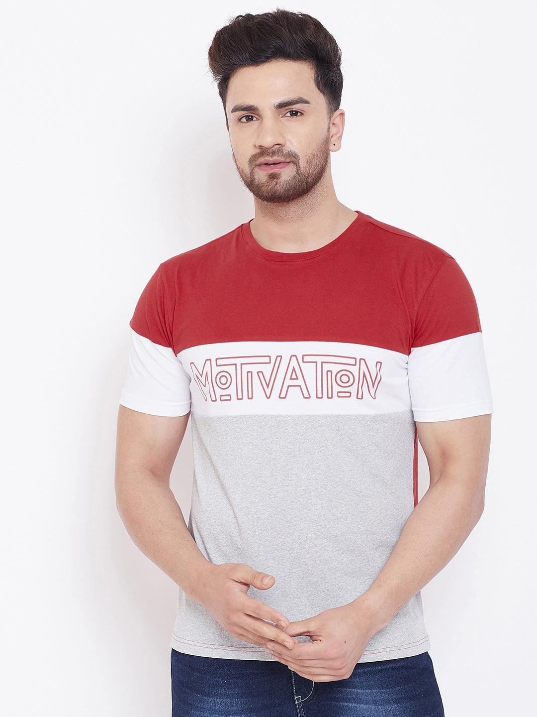 Red/White/Grey Melange Printed Men's Half Sleeves Round Neck T-Shirt