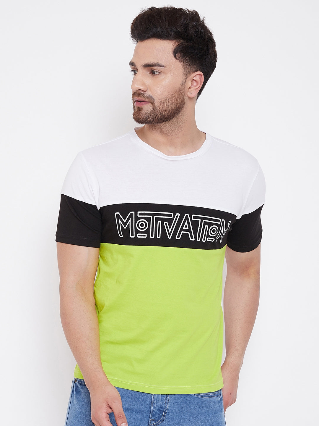 White/BLACK/Neon Green Printed Men's Half Sleeves Round Neck T-Shirt
