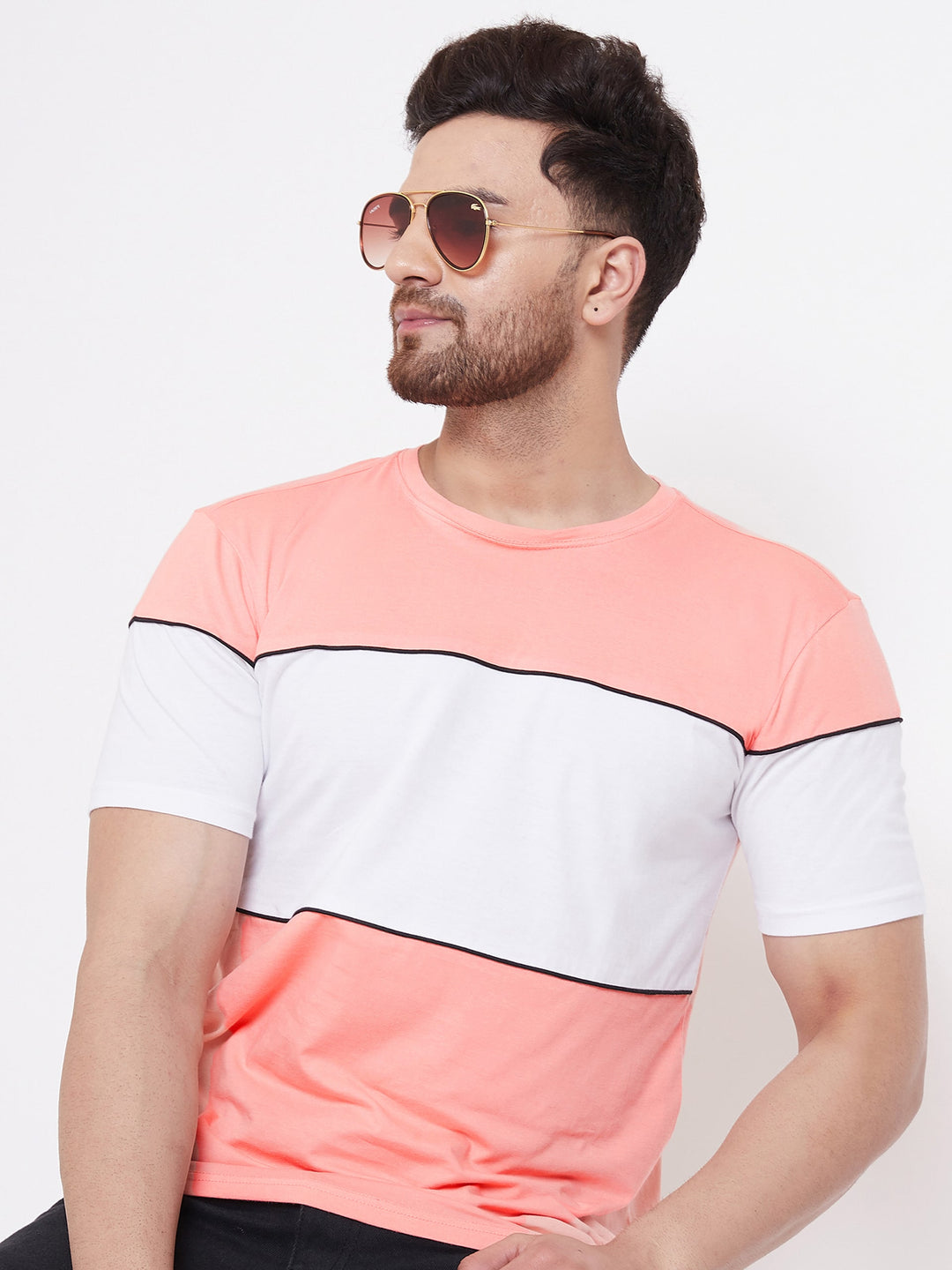 Coral/White/Black Men's Half Sleeves Round Neck T-Shirt