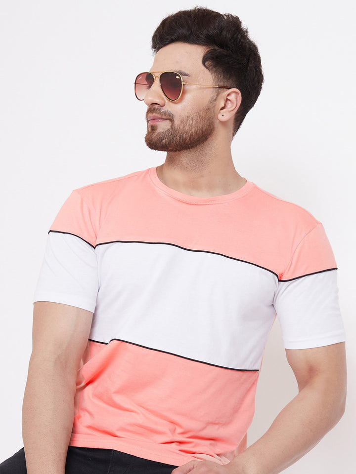 Coral/White/Black Men's Half Sleeves Round Neck T-Shirt