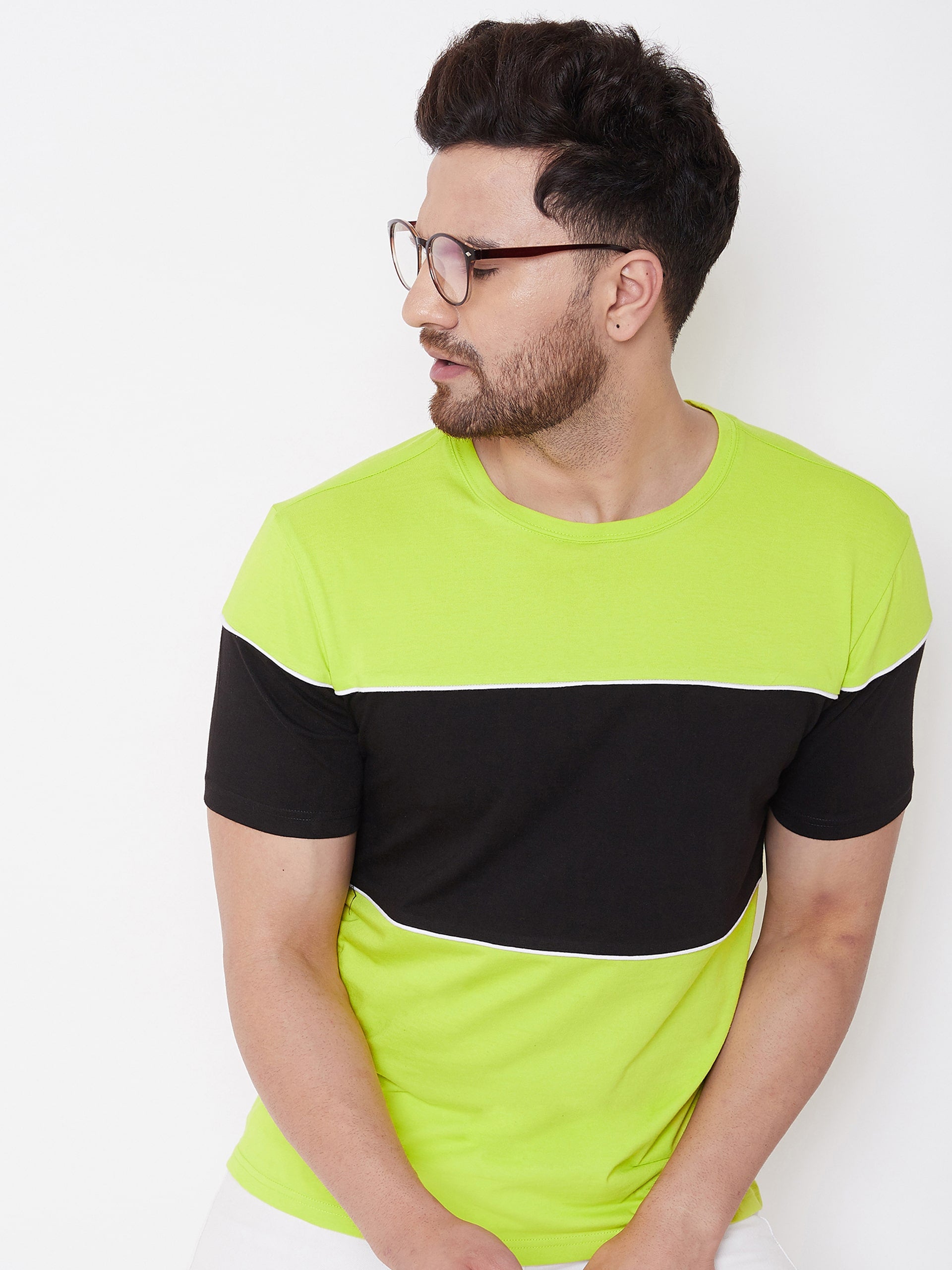 Neon Green/Black/White Men's Half Sleeves Round Neck T-Shirt