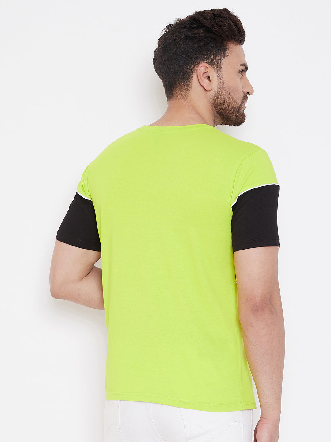 Neon Green/Black/White Men's Half Sleeves Round Neck T-Shirt