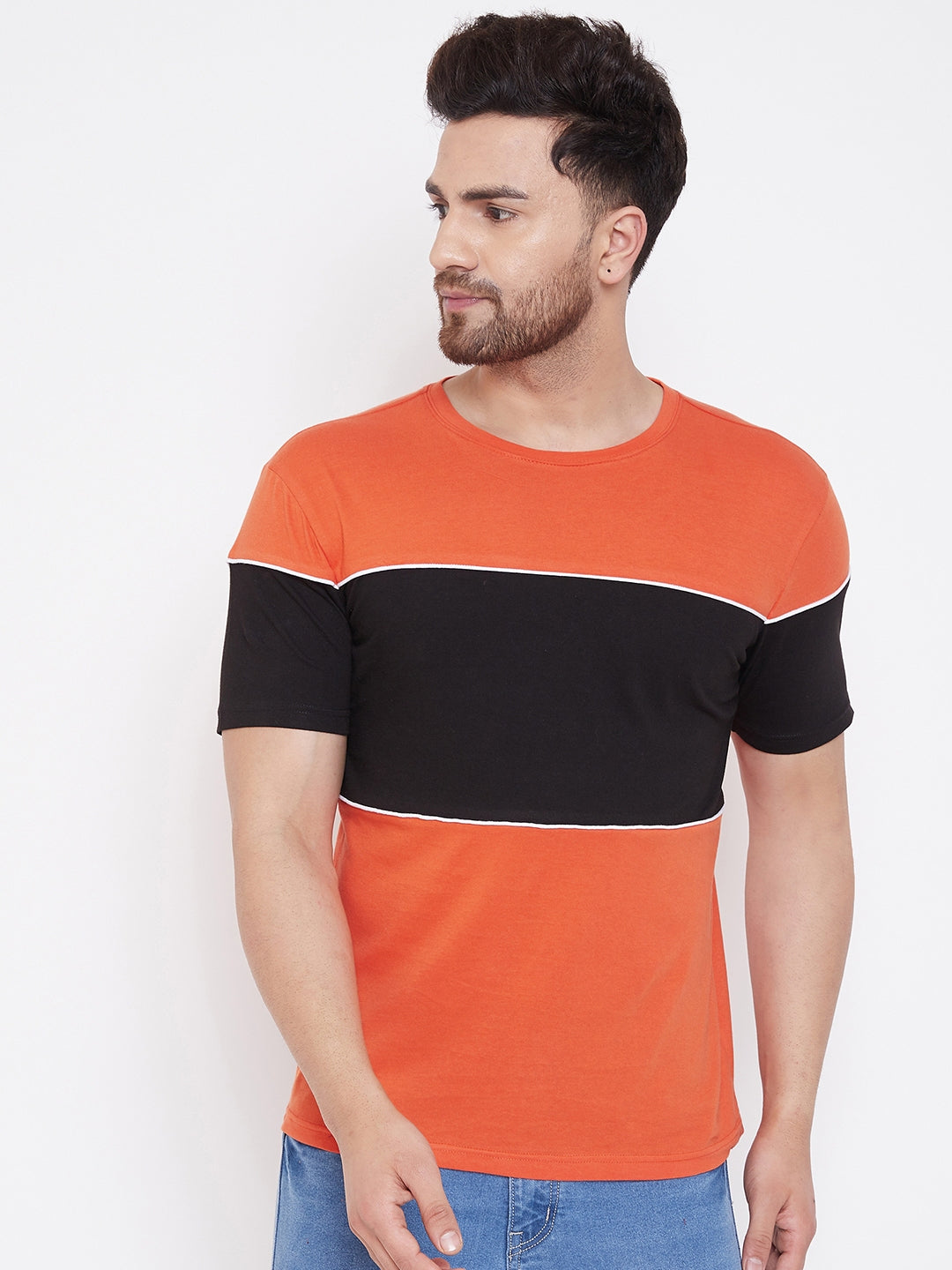 Orange/Black/White Men's Half Sleeves Round Neck T-Shirt