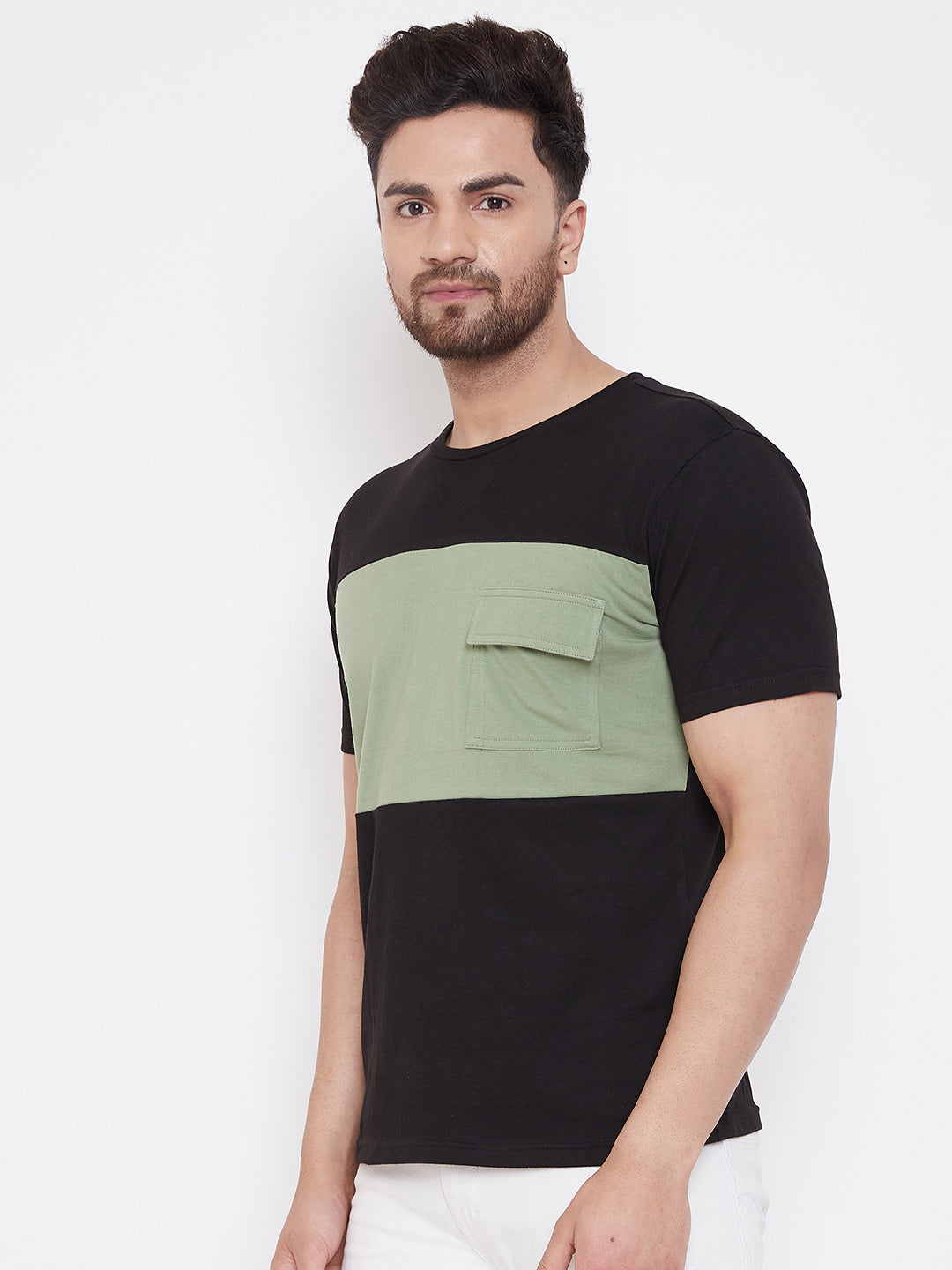 Black/Moss Green Men's Half Sleeves Round Neck T-Shirt