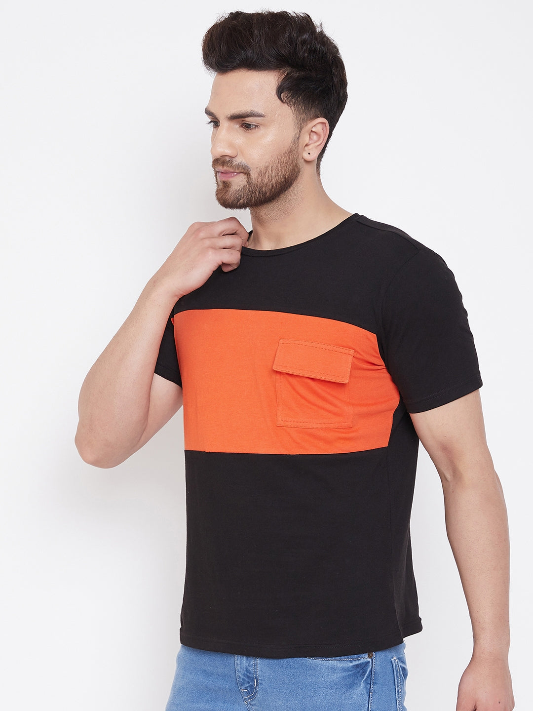 Black/Orange Men's Half Sleeves Round Neck T-Shirt