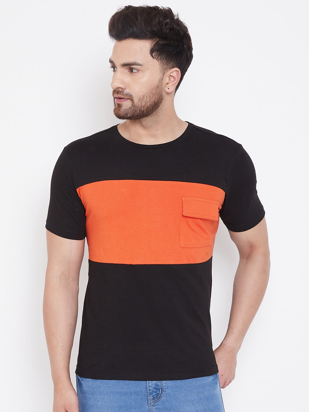 Black/Orange Men's Half Sleeves Round Neck T-Shirt