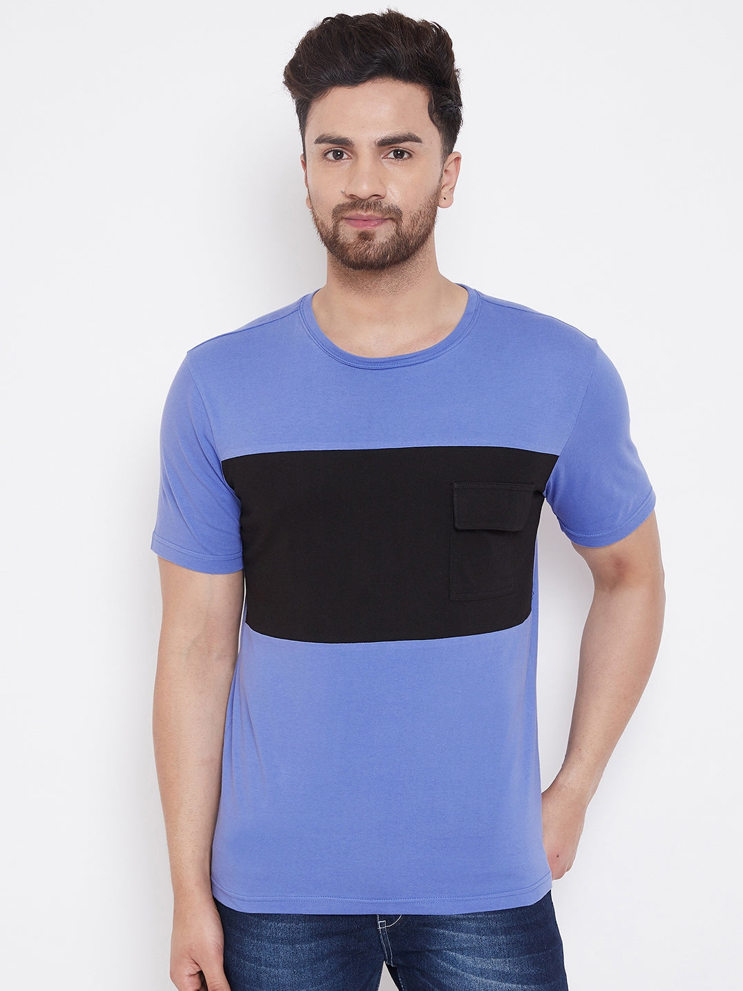 Blue/Black Men's Half Sleeves Round Neck T-Shirt