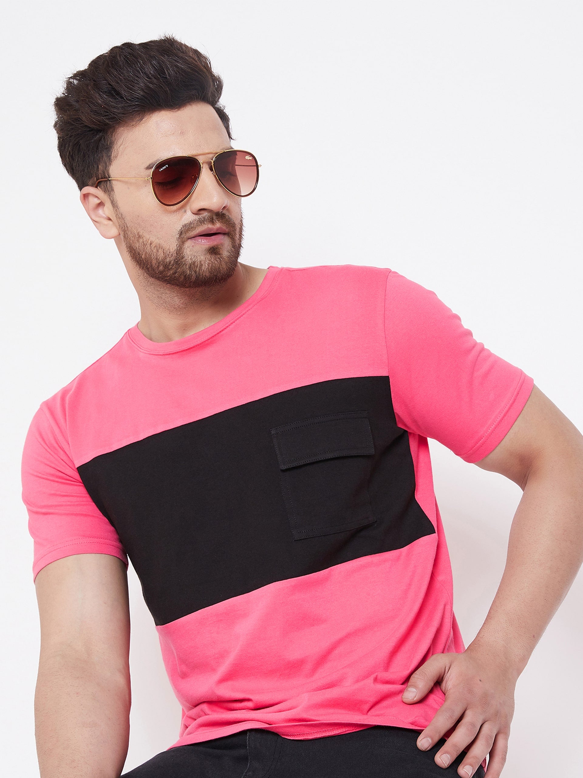 Pink/Black Men's Half Sleeves Round Neck T-Shirt
