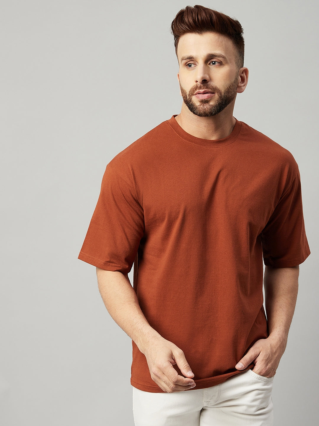 Brown Half Sleeve Oversized Solid T-Shirt