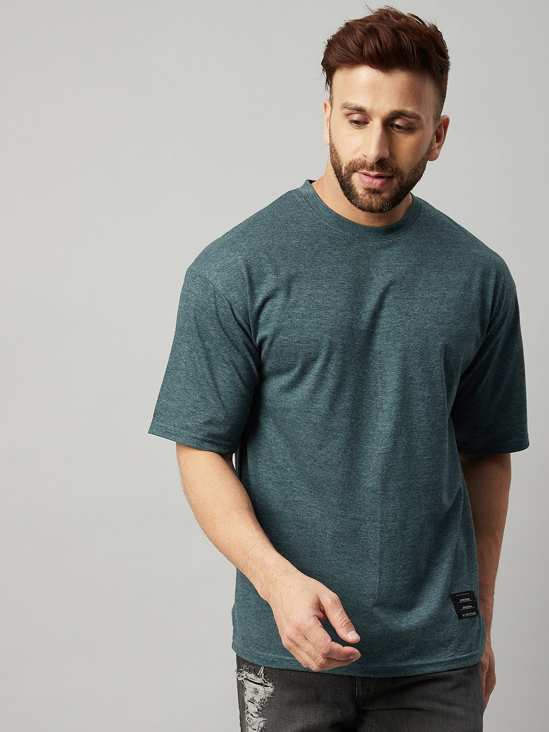 Green Melange Half Sleeve Oversized Solid T-Shirt