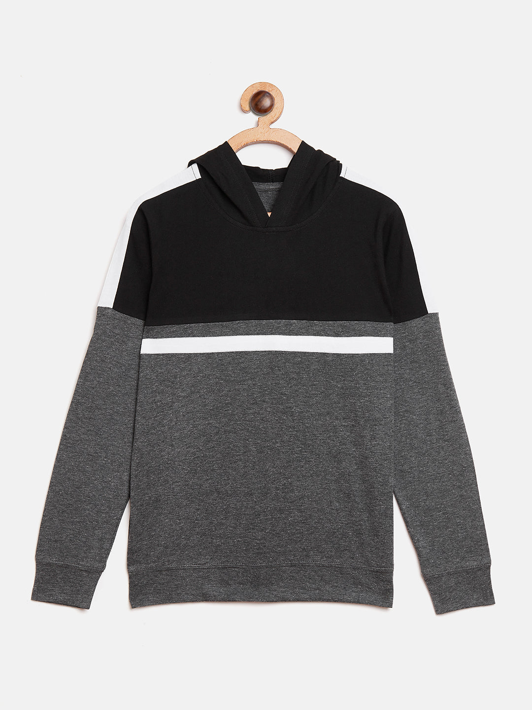 Anthramelange/Black/White Kids Full Sleeves Color Block Hooded T-Shirt