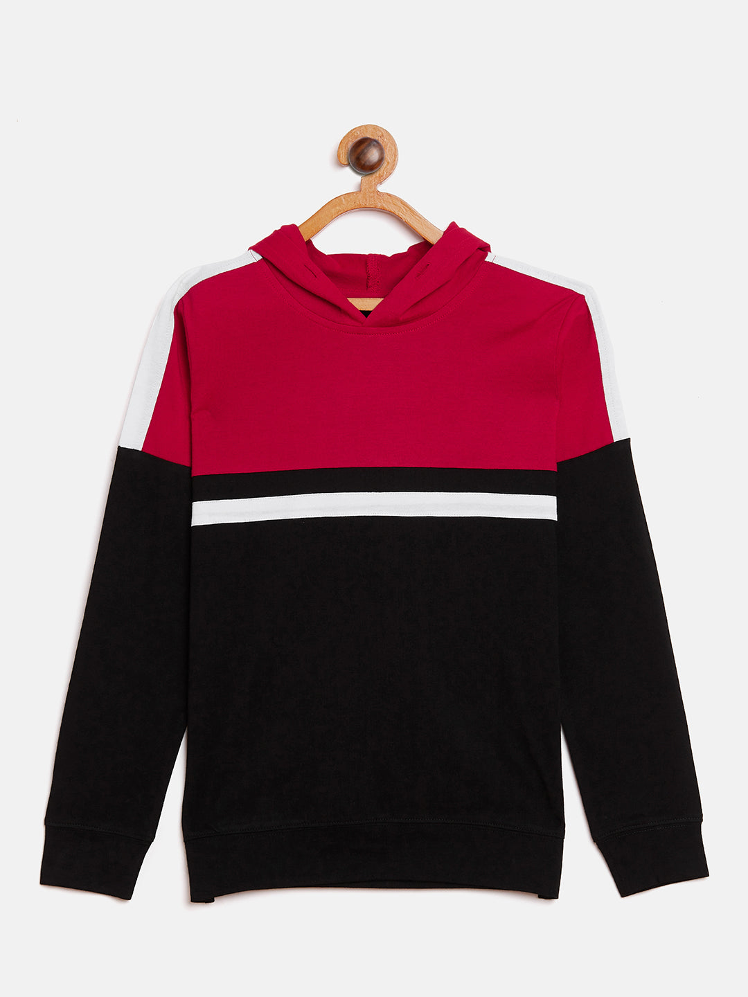 Black/Red/White Kids Full Sleeves Color Block Hooded T-Shirt
