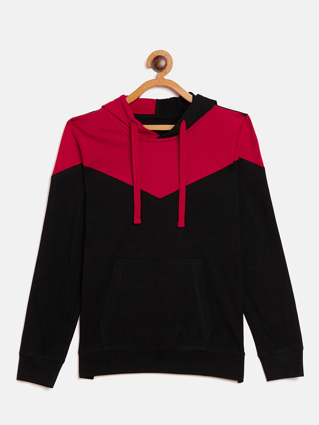 Black/Red Kids Full Sleeves Color Block Hooded T-Shirt