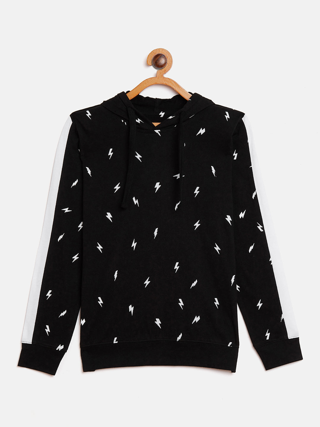Black/White Kids Full Sleeves Printed Hooded T-Shirt
