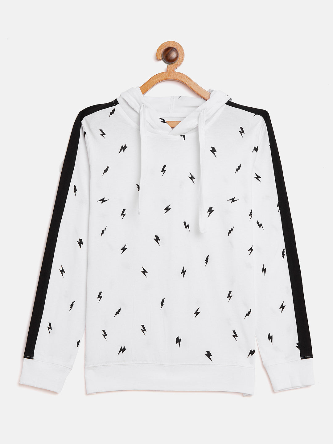 White/Black Kids Full Sleeves Printed Hooded T-Shirt