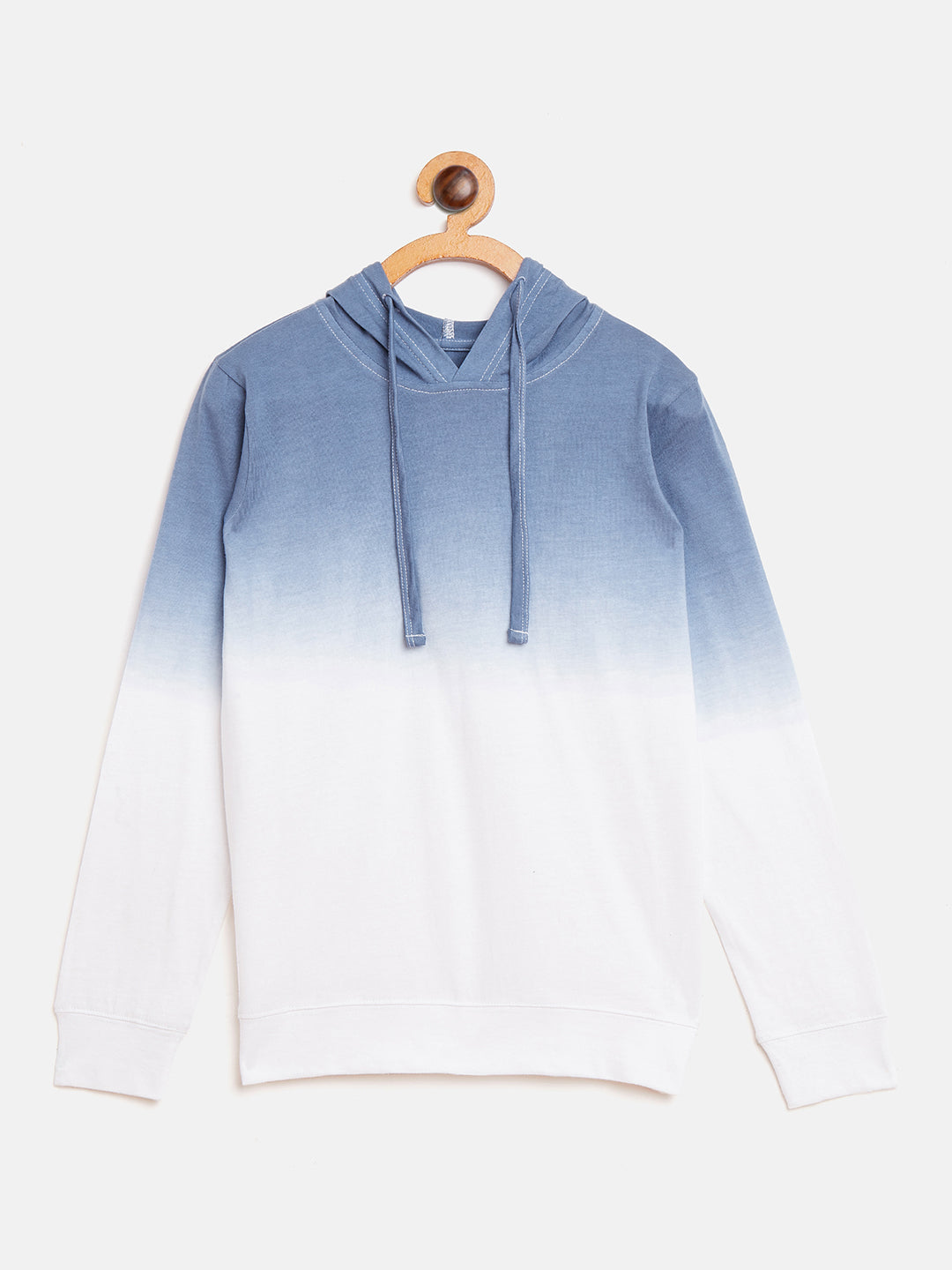 White/Blue Kids Full Sleeves Ombre Dyeing Hooded T-Shirt