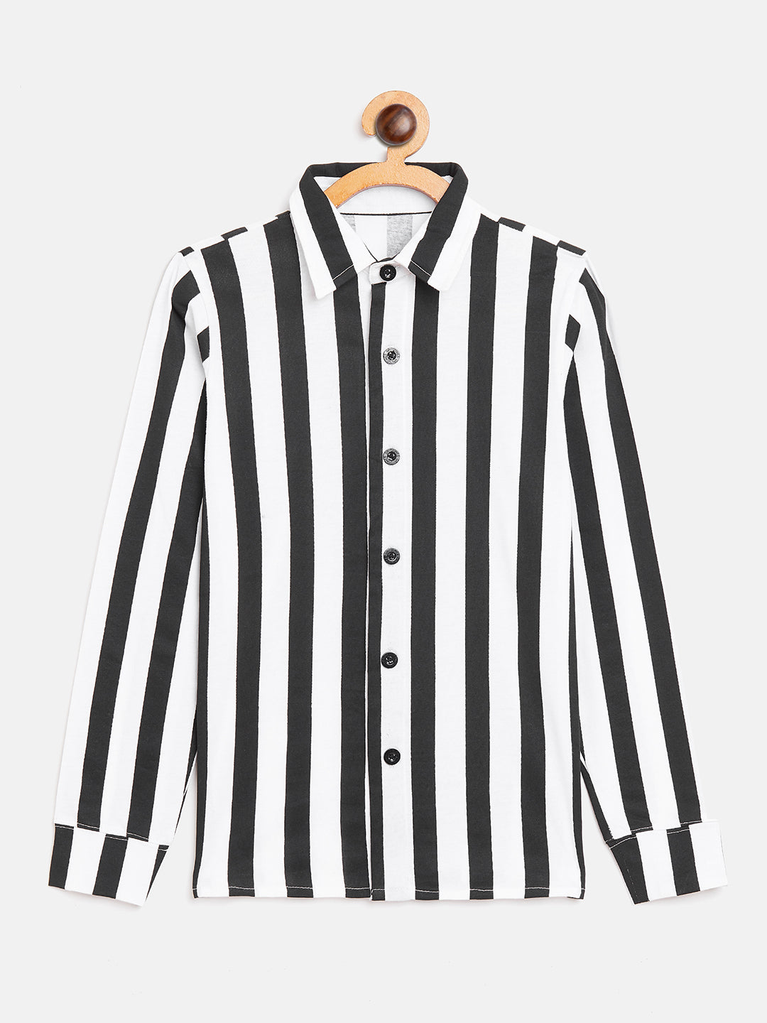 White/Black Kids Full Sleeves Vertical Striped Printed Shirt