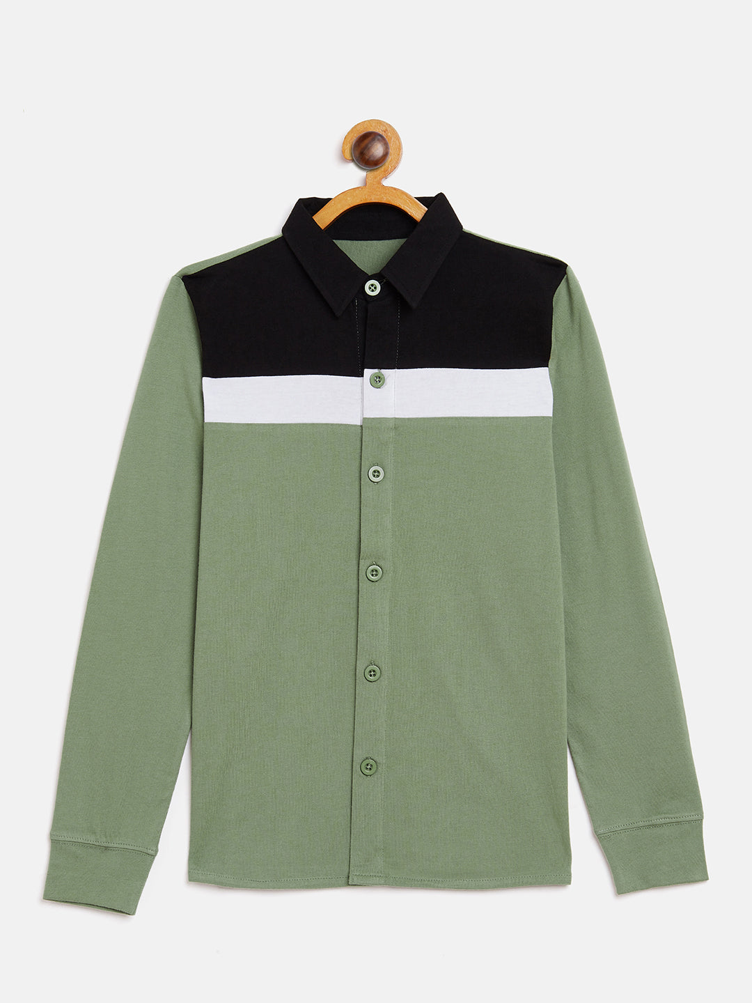 Moss Green/Black/White Kids Full Sleeves Color Block Shirt
