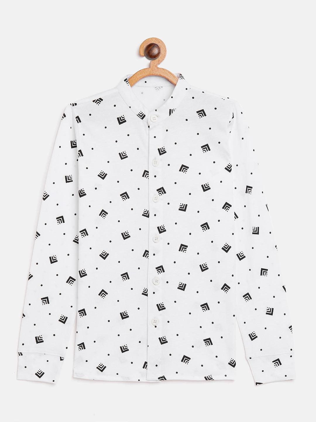 White Kids Full Sleeves Band Collar Printed Shirt