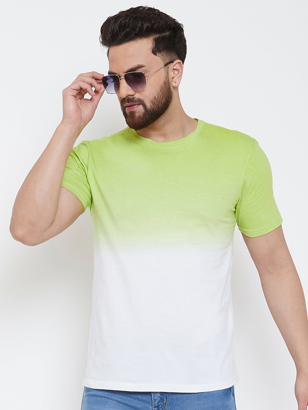 White/Green Half Sleeve Tie Dye Round Neck T-Shirt